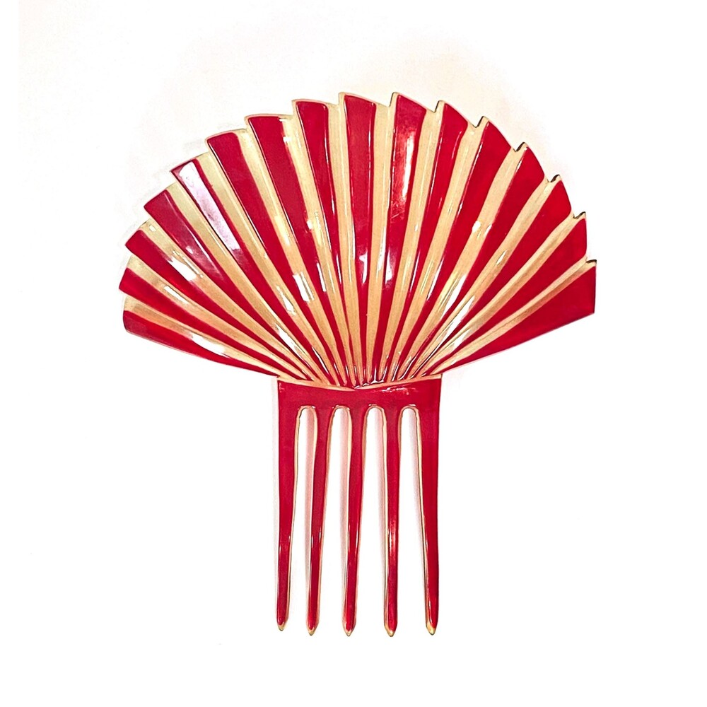Vintage Art Deco Celluloid Hair Comb Red Curved Fan Design Peineta Peinecillo